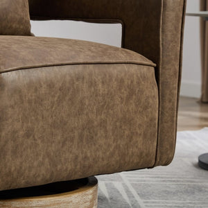 English Elm 28.9W Swivel Barrel Accent Chair Faux Leather Open Back with Weathered Rubberwood Base Coffee W3098P439172