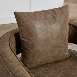 English Elm 28.9W Swivel Barrel Accent Chair Faux Leather Open Back with Weathered Rubberwood Base Coffee W3098P439172