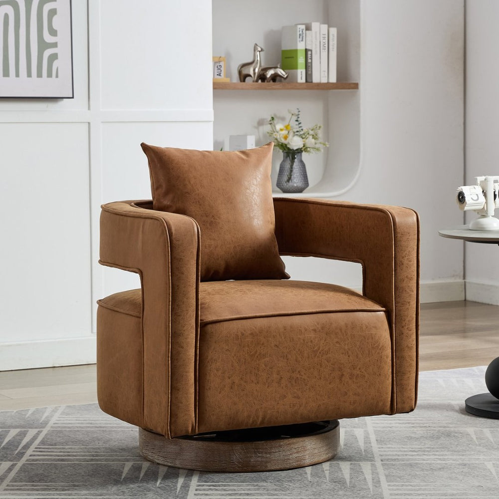 English Elm 28.9"w Swivel Barrel Accent Chair Pu Leather Open Back with Weathered Rubberwood Base W3098P439173