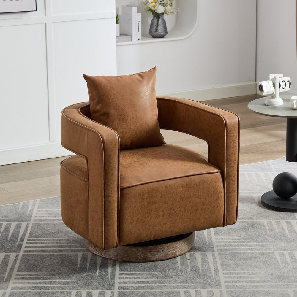 English Elm 28.9"w Swivel Barrel Accent Chair Pu Leather Open Back with Weathered Rubberwood Base W3098P439173