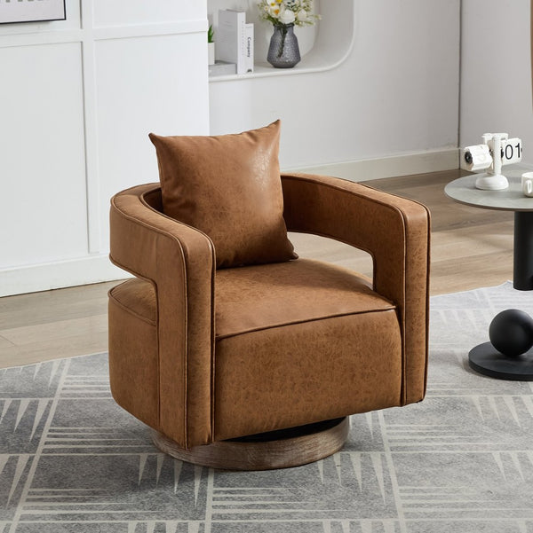 English Elm 28.9"w Swivel Barrel Accent Chair Pu Leather Open Back with Weathered Rubberwood Base W3098P439173