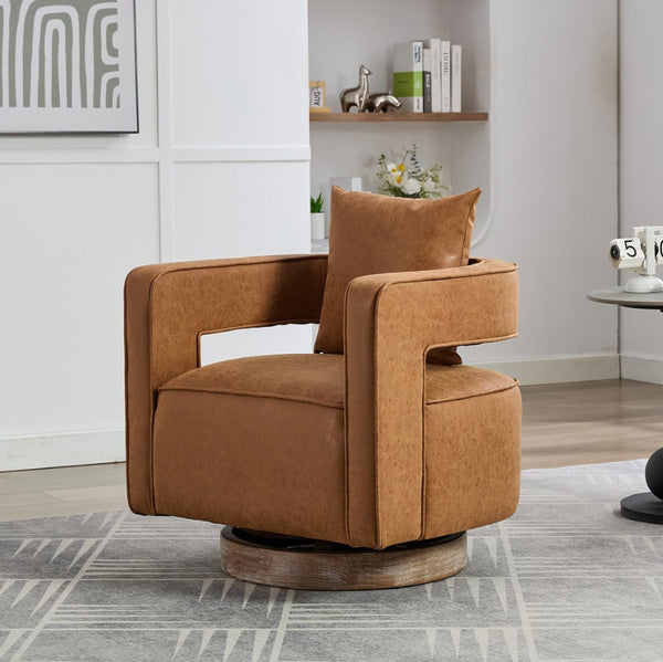 English Elm 28.9"w Swivel Barrel Accent Chair Pu Leather Open Back with Weathered Rubberwood Base W3098P439173