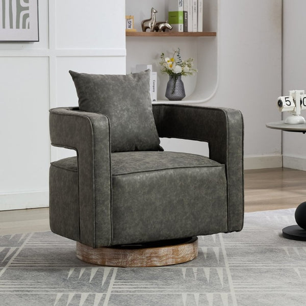 English Elm 28.9W Swivel Barrel Accent Chair Faux Leather Open Back with Weathered Rubberwood Base Gray W3098P439174