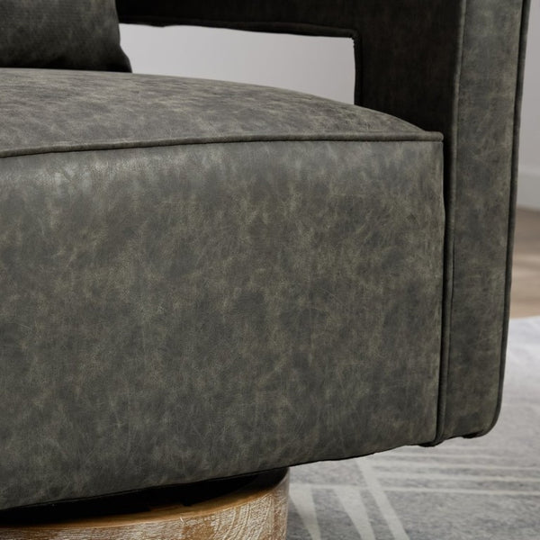 English Elm 28.9W Swivel Barrel Accent Chair Faux Leather Open Back with Weathered Rubberwood Base Gray W3098P439174