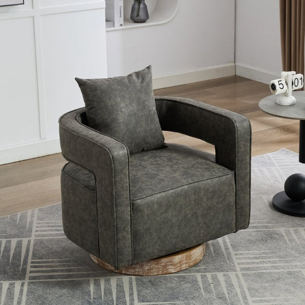English Elm 28.9W Swivel Barrel Accent Chair Faux Leather Open Back with Weathered Rubberwood Base Gray W3098P439174