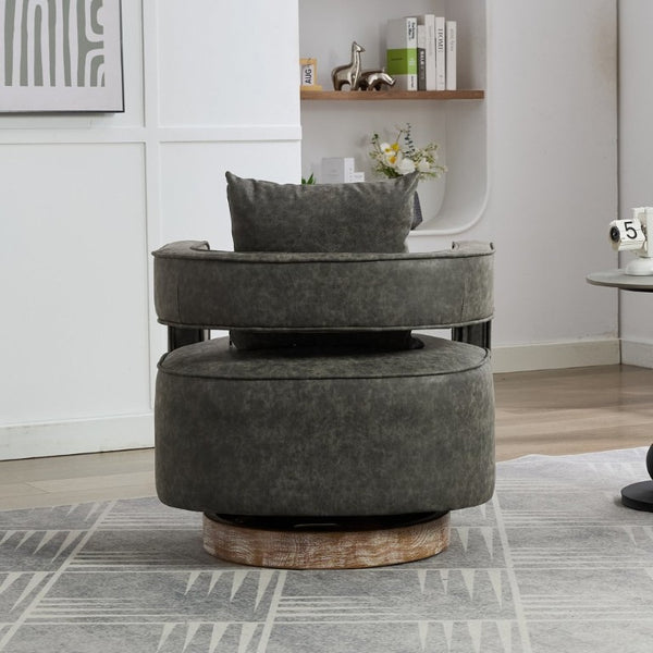 English Elm 28.9W Swivel Barrel Accent Chair Faux Leather Open Back with Weathered Rubberwood Base Gray W3098P439174