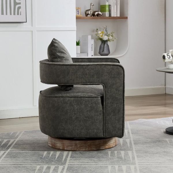 English Elm 28.9W Swivel Barrel Accent Chair Faux Leather Open Back with Weathered Rubberwood Base Gray W3098P439174