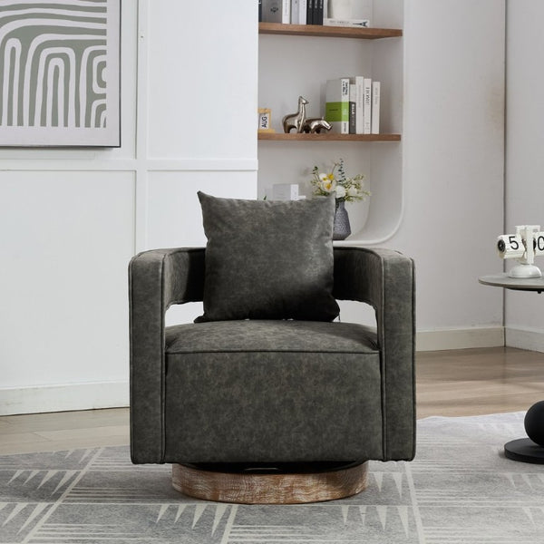 English Elm 28.9W Swivel Barrel Accent Chair Faux Leather Open Back with Weathered Rubberwood Base Gray W3098P439174