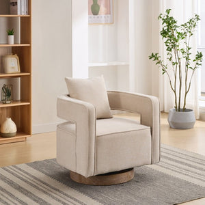 English Elm 28.94W Swivel Accent Chair Linen Blend Open Back Lounge Seat Rubberwood Base Beige W3098P439180