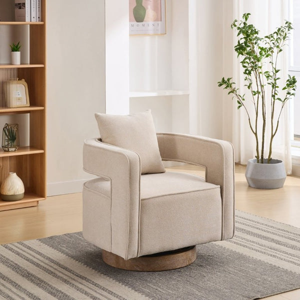 English Elm 28.94W Swivel Accent Chair Linen Blend Open Back Lounge Seat Rubberwood Base Beige W3098P439180