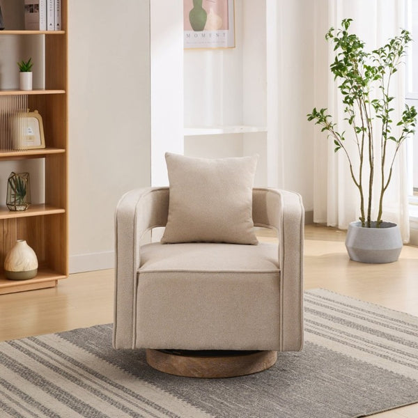 English Elm 28.94W Swivel Accent Chair Linen Blend Open Back Lounge Seat Rubberwood Base Beige W3098P439180