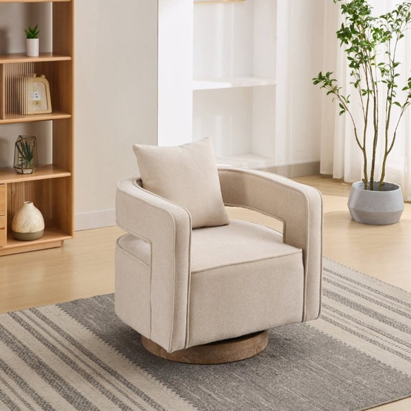 English Elm 28.94W Swivel Accent Chair Linen Blend Open Back Lounge Seat Rubberwood Base Beige W3098P439180