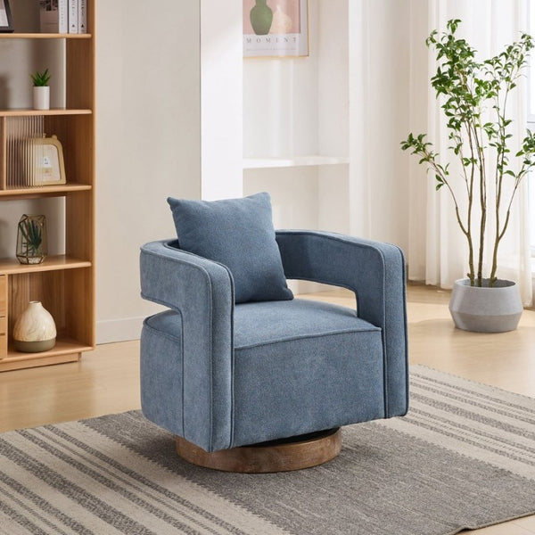 English Elm 28.94W Swivel Accent Chair Linen Blend Open Back Lounge Seat Rubberwood Base Blue W3098P439183