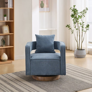 English Elm 28.94W Swivel Accent Chair Linen Blend Open Back Lounge Seat Rubberwood Base Blue W3098P439183