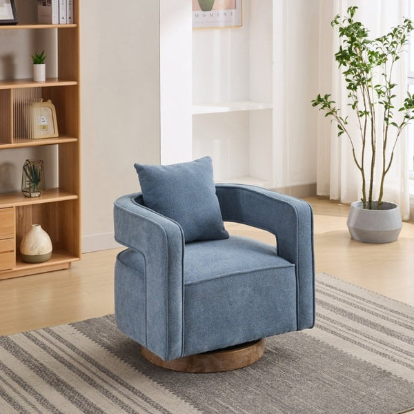 English Elm 28.94W Swivel Accent Chair Linen Blend Open Back Lounge Seat Rubberwood Base Blue W3098P439183