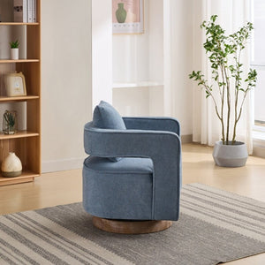 English Elm 28.94W Swivel Accent Chair Linen Blend Open Back Lounge Seat Rubberwood Base Blue W3098P439183
