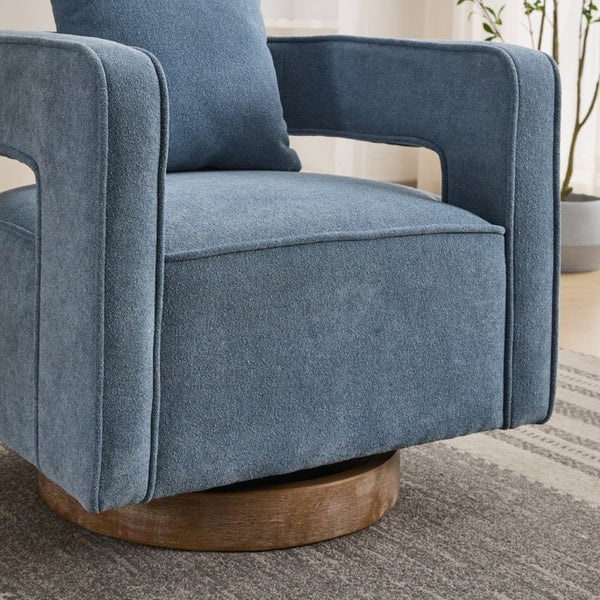 English Elm 28.94W Swivel Accent Chair Linen Blend Open Back Lounge Seat Rubberwood Base Blue W3098P439183