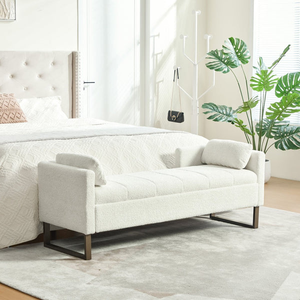 English Elm 63.98"wide Chenille Storage Bench Upholstered Seat with Bolster Pillows Armrests Bedroom Ivory W3098P467363