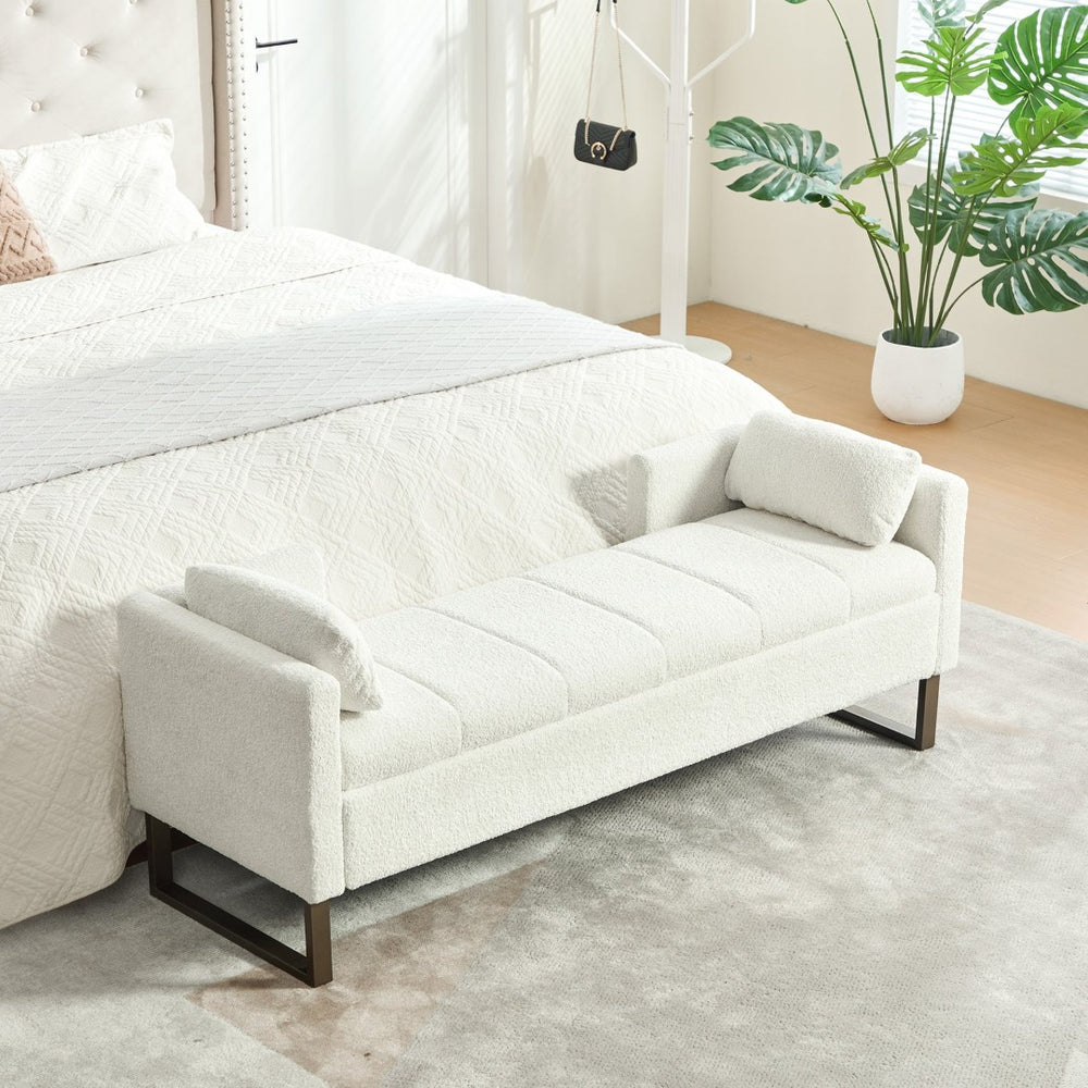 English Elm 63.98"wide Chenille Storage Bench Upholstered Seat with Bolster Pillows Armrests Bedroom Ivory W3098P467363
