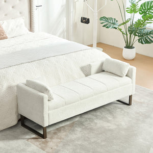 English Elm 63.98"wide Chenille Storage Bench Upholstered Seat with Bolster Pillows Armrests Bedroom Ivory W3098P467363