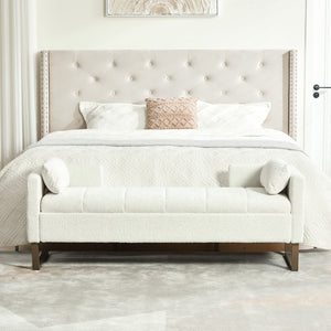 English Elm 63.98"wide Chenille Storage Bench Upholstered Seat with Bolster Pillows Armrests Bedroom Ivory W3098P467363