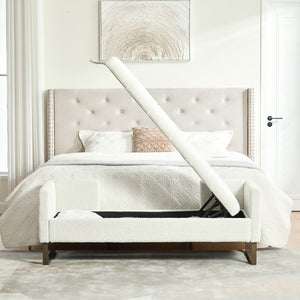 English Elm 63.98"wide Chenille Storage Bench Upholstered Seat with Bolster Pillows Armrests Bedroom Ivory W3098P467363
