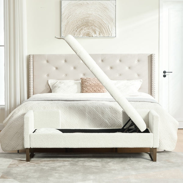 English Elm 63.98"wide Chenille Storage Bench Upholstered Seat with Bolster Pillows Armrests Bedroom Ivory W3098P467363