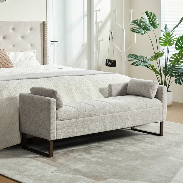 English Elm 63.98"wide Chenille Storage Bench Upholstered Seat with Bolster Pillows Armrests Bedroom Light Gray W3098P467364