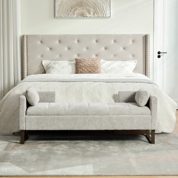 English Elm 63.98"wide Chenille Storage Bench Upholstered Seat with Bolster Pillows Armrests Bedroom Light Gray W3098P467364