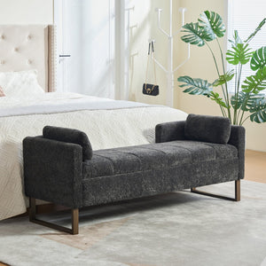 English Elm 63.98"wide Chenille Storage Bench Upholstered Seat with Bolster Pillows Armrests Bedroom Charcoal W3098P467365
