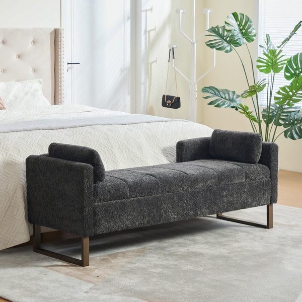 English Elm 63.98"wide Chenille Storage Bench Upholstered Seat with Bolster Pillows Armrests Bedroom Charcoal W3098P467365