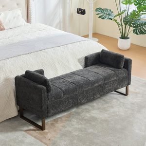 English Elm 63.98"wide Chenille Storage Bench Upholstered Seat with Bolster Pillows Armrests Bedroom Charcoal W3098P467365