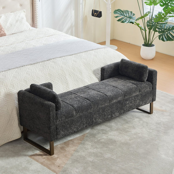 English Elm 63.98"wide Chenille Storage Bench Upholstered Seat with Bolster Pillows Armrests Bedroom Charcoal W3098P467365