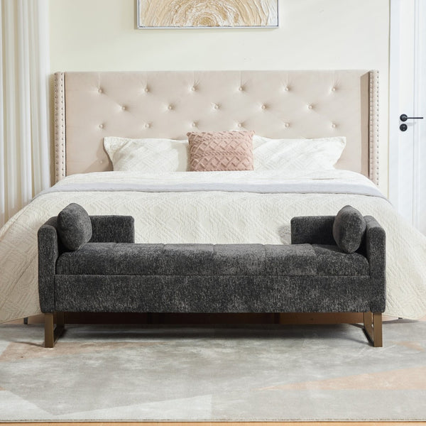 English Elm 63.98"wide Chenille Storage Bench Upholstered Seat with Bolster Pillows Armrests Bedroom Charcoal W3098P467365