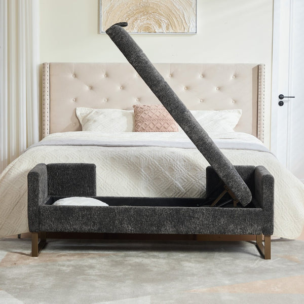 English Elm 63.98"wide Chenille Storage Bench Upholstered Seat with Bolster Pillows Armrests Bedroom Charcoal W3098P467365