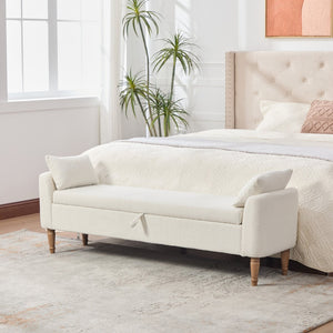 English Elm 65.94" Boucle Upholstered Storage Bench Daybed with Bolster Pillows and Rubberwood Legs Ivory W3098P467366