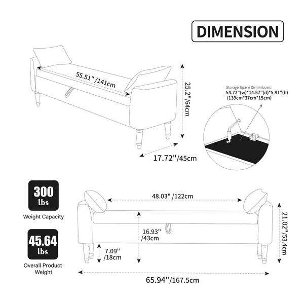 English Elm 65.94" Boucle Upholstered Storage Bench Daybed with Bolster Pillows and Rubberwood Legs Ivory W3098P467366