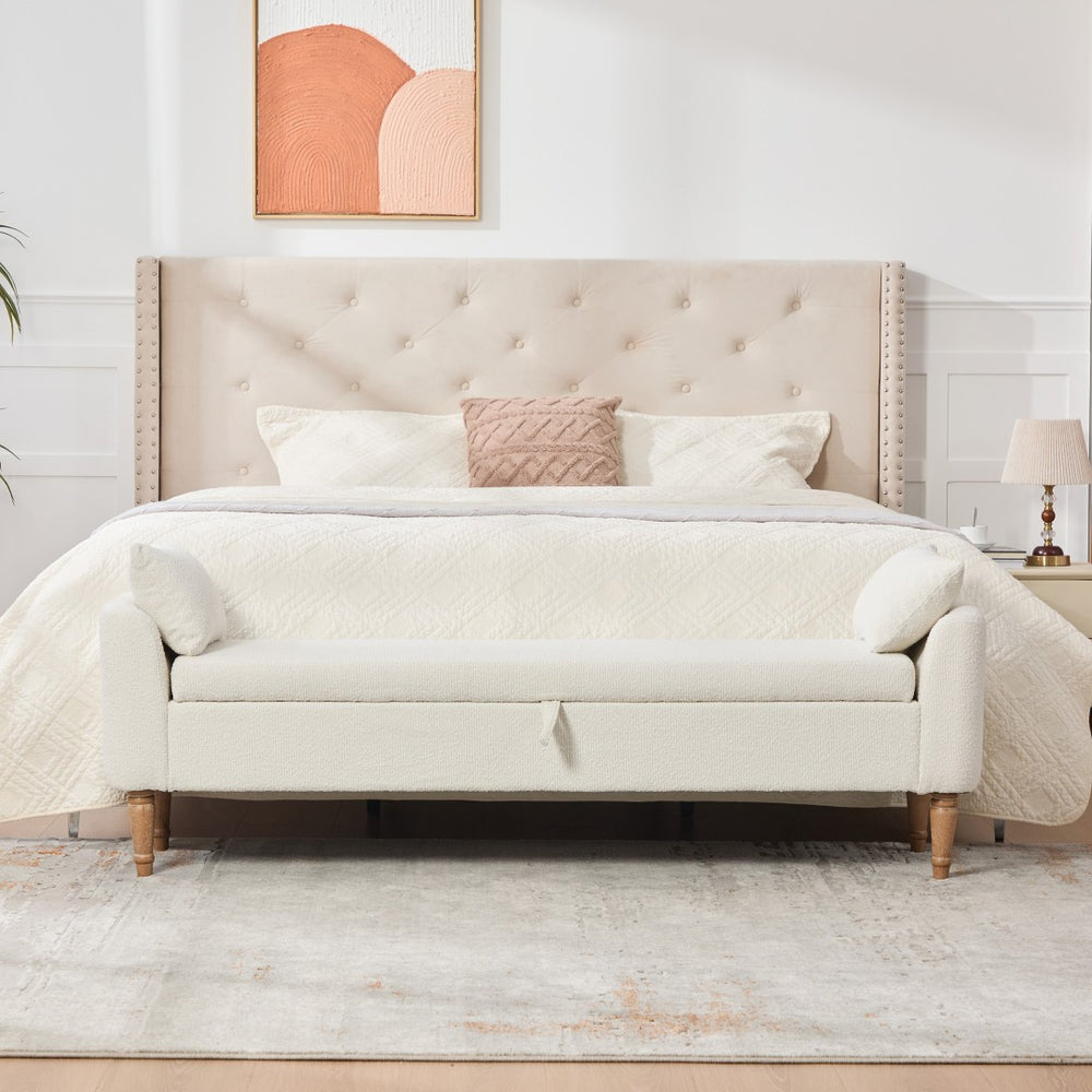 English Elm 65.94" Boucle Upholstered Storage Bench Daybed with Bolster Pillows and Rubberwood Legs Ivory W3098P467366