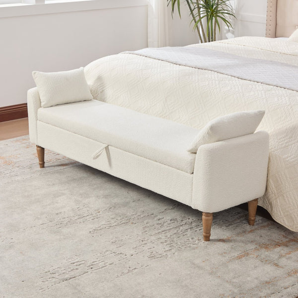 English Elm 65.94" Boucle Upholstered Storage Bench Daybed with Bolster Pillows and Rubberwood Legs Ivory W3098P467366