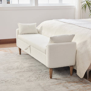 English Elm 65.94" Boucle Upholstered Storage Bench Daybed with Bolster Pillows and Rubberwood Legs Ivory W3098P467366