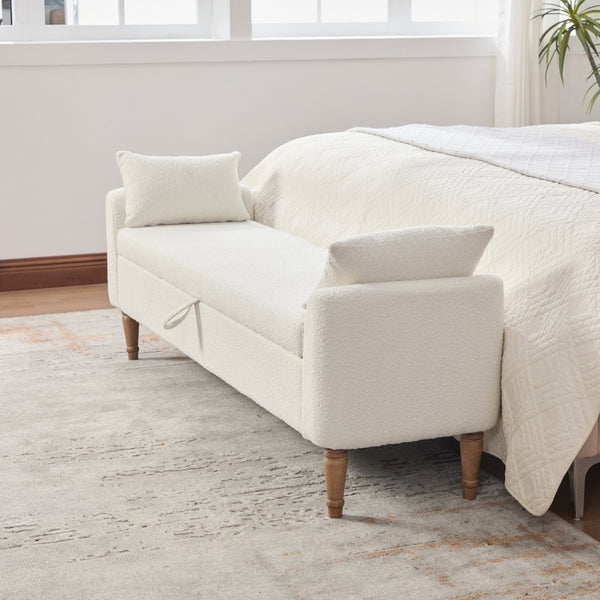 English Elm 65.94" Boucle Upholstered Storage Bench Daybed with Bolster Pillows and Rubberwood Legs Ivory W3098P467366