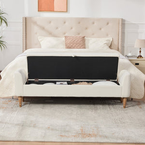 English Elm 65.94" Boucle Upholstered Storage Bench Daybed with Bolster Pillows and Rubberwood Legs Ivory W3098P467366