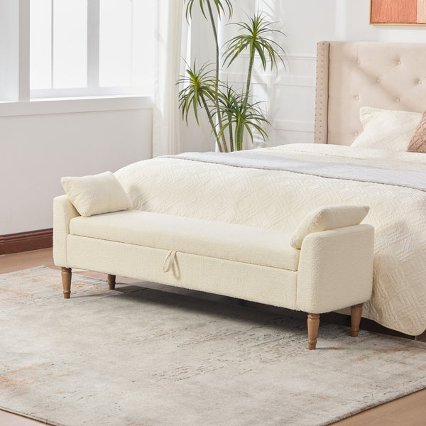English Elm 65.94" Boucle Upholstered Storage Bench Daybed with Bolster Pillows and Rubberwood Legs Beige W3098P467367