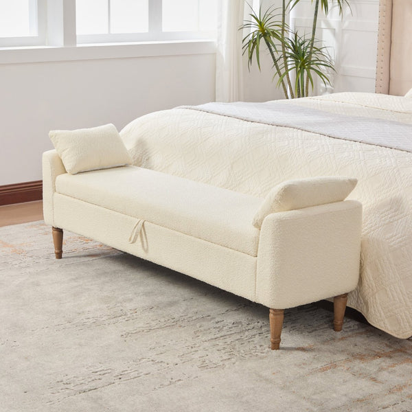 English Elm 65.94" Boucle Upholstered Storage Bench Daybed with Bolster Pillows and Rubberwood Legs Beige W3098P467367