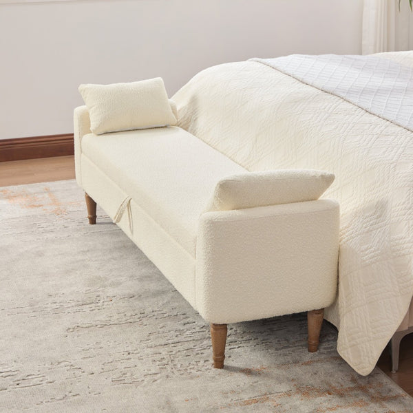 English Elm 65.94" Boucle Upholstered Storage Bench Daybed with Bolster Pillows and Rubberwood Legs Beige W3098P467367