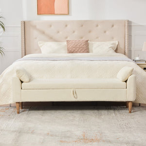 English Elm 65.94" Boucle Upholstered Storage Bench Daybed with Bolster Pillows and Rubberwood Legs Beige W3098P467367