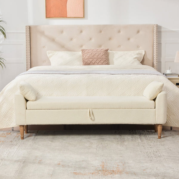 English Elm 65.94" Boucle Upholstered Storage Bench Daybed with Bolster Pillows and Rubberwood Legs Beige W3098P467367