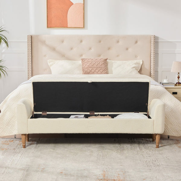 English Elm 65.94" Boucle Upholstered Storage Bench Daybed with Bolster Pillows and Rubberwood Legs Beige W3098P467367