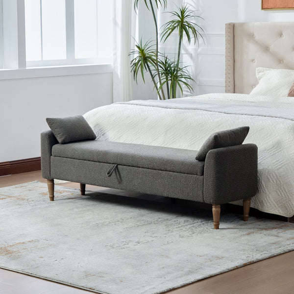 English Elm 65.94" Boucle Upholstered Storage Bench Daybed with Bolster Pillows and Rubberwood Legs Charcoal W3098P467368
