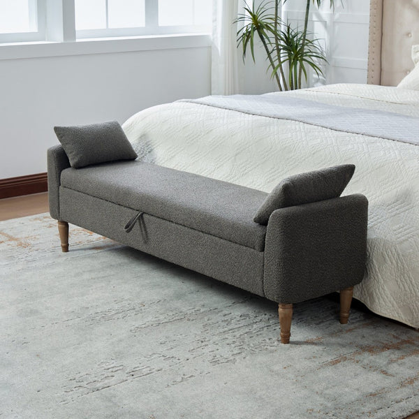 English Elm 65.94" Boucle Upholstered Storage Bench Daybed with Bolster Pillows and Rubberwood Legs Charcoal W3098P467368